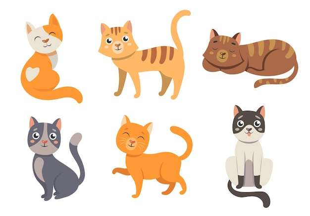 Hình vector Bộ tranh minh họa nhân vật hoạt hình mèo dễ thương. những chú mèo có mũi hình trái tim, những chú mèo con đang cười hạnh phúc, những chú mèo con màu cam và xám đang ngồi trên nền trắng