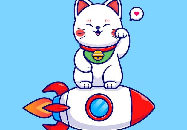 Hình vector Chú mèo dễ thương maneki neko trên tên lửa hoạt hình biểu tượng vector minh họa biểu tượng công nghệ động vật bị cô lập