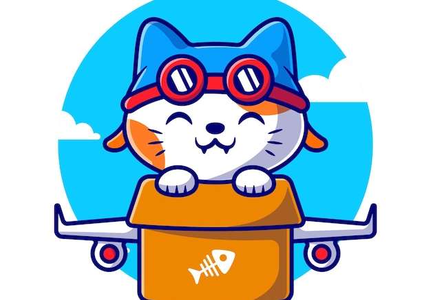 Hình vector chuyến bay mèo dễ thương với máy bay các tông biểu tượng hoạt hình vector minh họa. biểu tượng vận chuyển động vật khái niệm véc tơ cao cấp bị cô lập. phong cách hoạt hình phẳng