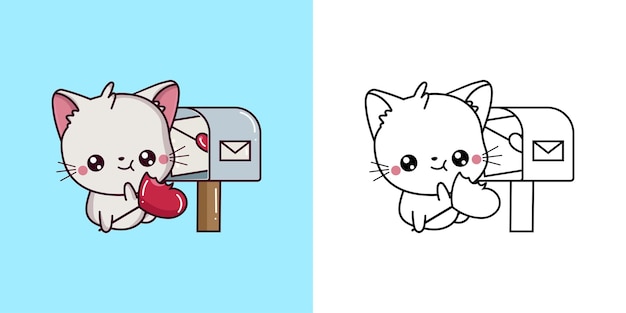 Hình vector clipart mèo trắng dễ thương cho trang tô màu và minh họa minh họa mèo hạnh phúc