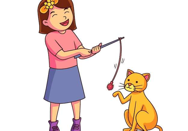 Hình vector Cô gái chơi với con mèo của mình