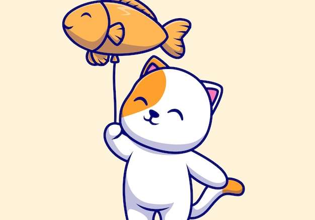 Hình vector Con mèo dễ thương cầm bong bóng cá hoạt hình biểu tượng vector minh họa. khái niệm biểu tượng kỳ nghỉ động vật bị cô lập