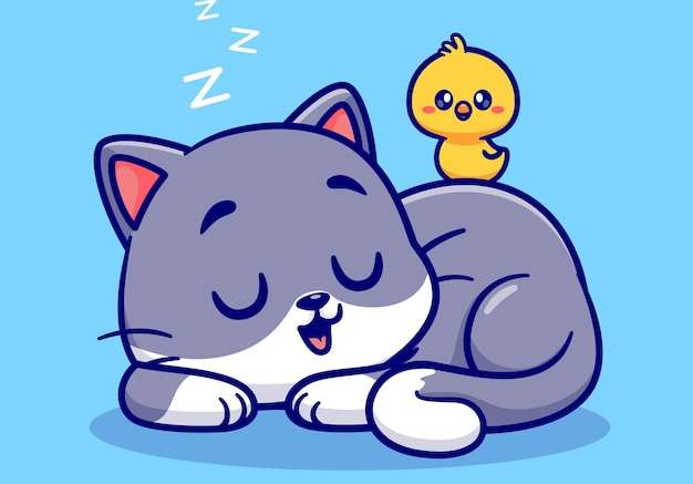 Hình vector Con mèo dễ thương đang ngủ với gà con hoạt hình biểu tượng vector minh họa khái niệm biểu tượng thiên nhiên động vật bị cô lập