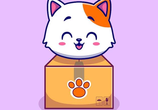 Hình vector Con mèo dễ thương trong hộp phim hoạt hình vector biểu tượng minh họa. khái niệm biểu tượng thiên nhiên động vật bị cô lập vector cao cấp. phong cách hoạt hình phẳng