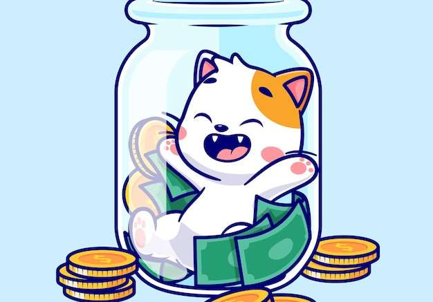 Hình vector Con mèo dễ thương với tiền và đồng xu vàng trong chai biểu tượng vector phim hoạt hình minh họa. căn hộ kinh doanh động vật