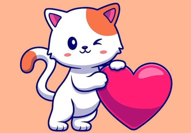 Hình vector Con mèo dễ thương với trái tim tình yêu biểu tượng hoạt hình vector minh họa