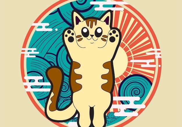 Hình vector Hình minh họa con mèo với nền phong cách Nhật Bản cho logo, nhãn và nền
