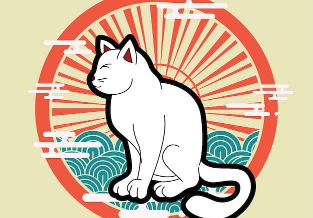Hình vector Hình minh họa mèo với nền phong cách Nhật Bản