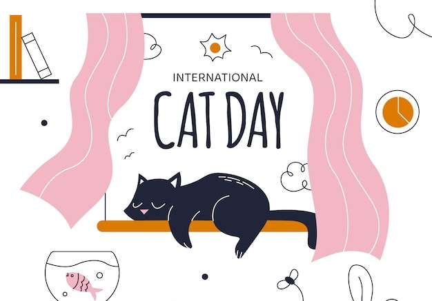 Hình vector Hình minh họa ngày quốc tế mèo phẳng với con mèo