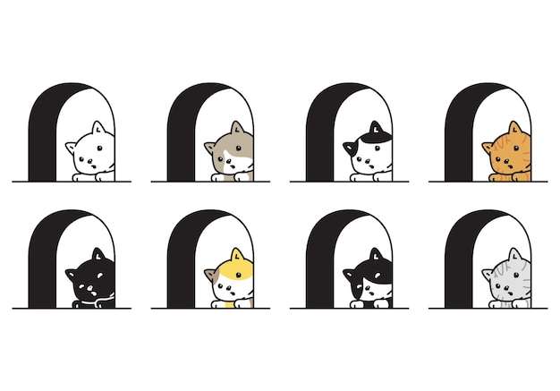 Hình vector Mèo nhân vật hoạt hình calico mèo con cửa sổ thú cưng