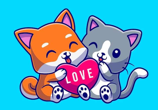 Hình vector Mèo và chó dễ thương ôm trái tim tình yêu biểu tượng hoạt hình vector minh họa. khái niệm biểu tượng thiên nhiên động vật bị cô lập vector cao cấp. phong cách hoạt hình phẳng