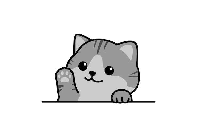 Hình vector Mèo xám dễ thương vẫy chân phim hoạt hình minh họa vector