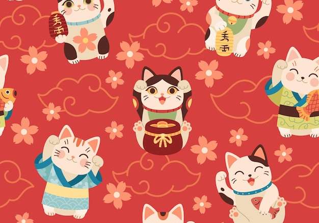 Hình vector Mô hình mèo maneki Nhật Bản liền mạch biểu tượng châu Á may mắn nhân vật hoạt hình vui nhộn mèo con với bàn chân giơ lên ​​giữ đồng xu đèn pin trên trang trí màu đỏ vải dệt gói hình nền in vector