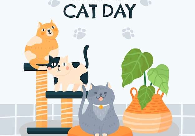Hình vector Ngày quốc tế mèo vẽ tay minh họa phẳng