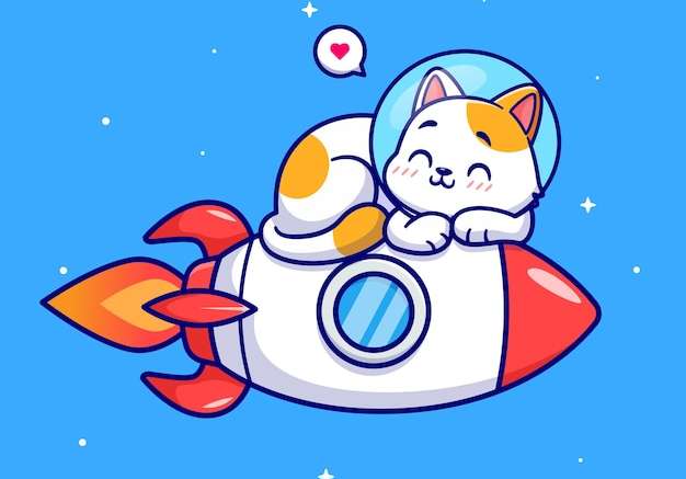 Hình vector Phi hành gia mèo dễ thương nằm trên tên lửa trong không gian minh họa biểu tượng vector phim hoạt hình. khoa học động vật bị cô lập