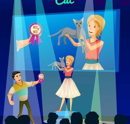 Hình vector Poster chương trình mèo. người hoạt hình với thú cưng.