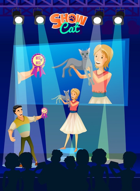 Hình vector Poster chương trình mèo. người hoạt hình với thú cưng.