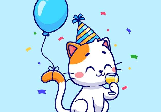 Hình vector Tiệc sinh nhật mèo dễ thương với bong bóng hoạt hình biểu tượng vector minh họa biểu tượng kỳ nghỉ động vật bị cô lập