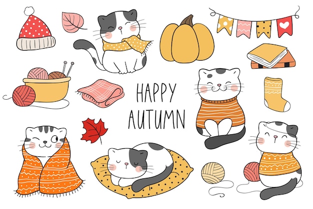 Hình vector Vẽ bộ sưu tập chú mèo hạnh phúc theo phong cách hoạt hình doodle mùa thu