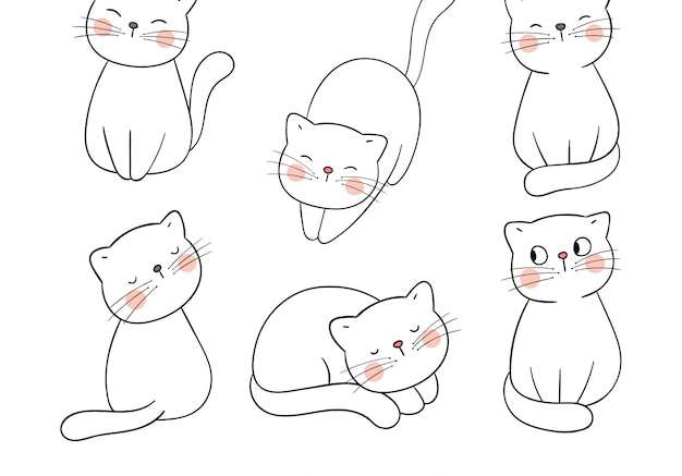 Hình vector Vẽ phác thảo bộ sưu tập nhân vật của con mèo trên nền trắng.