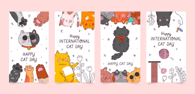 Hình vector Vẽ tay bộ sưu tập bài đăng trên instagram ngày quốc tế mèo