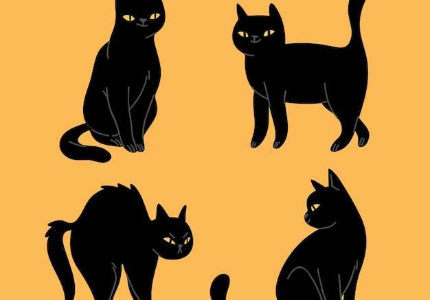 Hình vector Vẽ tay bộ sưu tập mèo đen halloween