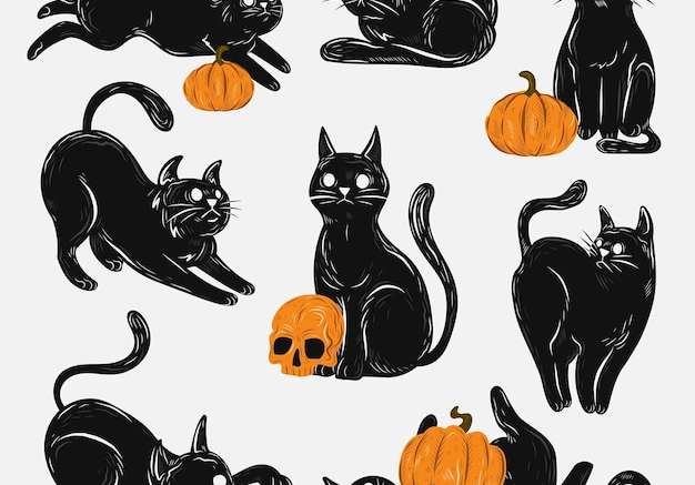 Hình vector Vẽ tay bộ sưu tập mèo đen halloween