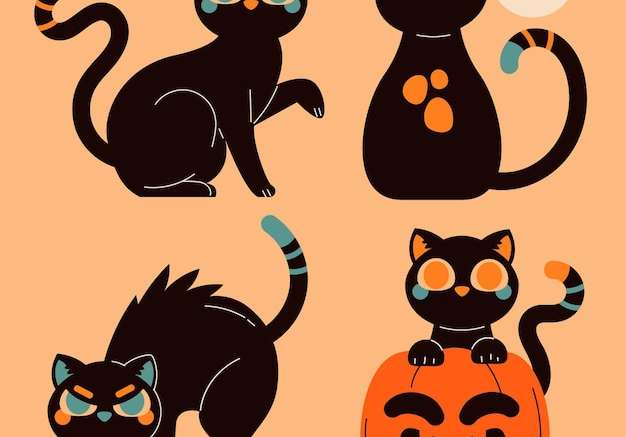 Hình vector Vẽ tay bộ sưu tập mèo đen halloween phẳng