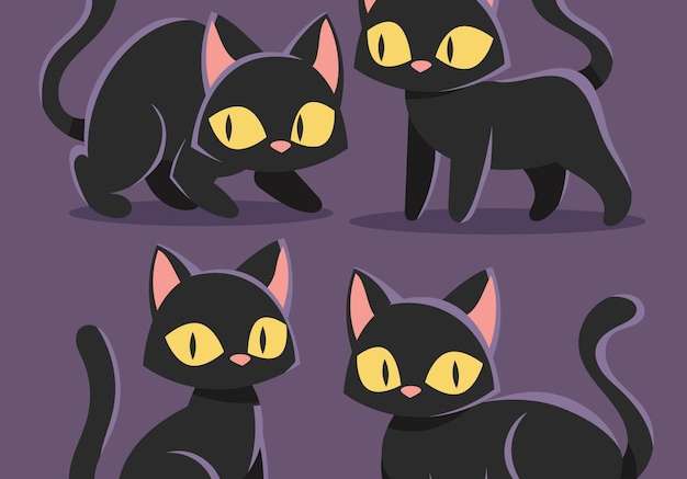 Hình vector Vẽ tay bộ sưu tập mèo đen halloween phẳng