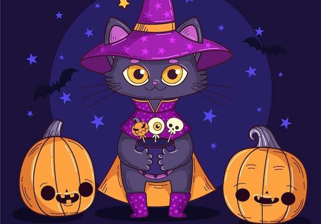 Hình vector Vẽ tay minh họa mèo halloween