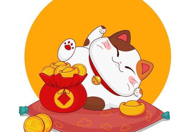 Hình vector Vector hình minh họa mèo béo maneki neko, biểu tượng của sự may mắn, giàu có và sung túc.