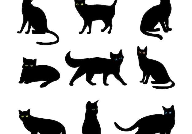 Hình vector Vector mèo đặt. thú cưng, mèo rừng và mèo con, thợ săn và động vật ăn thịt, hình minh họa bóng đen