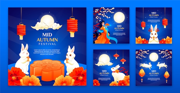 Vector Bộ sưu tập bài đăng trên instagram về lễ hội trung thu chuyển màu với thỏ và mặt trăng