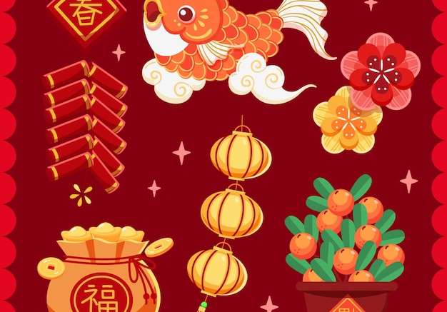 Vector Bộ sưu tập các yếu tố năm mới của Trung Quốc phẳng
