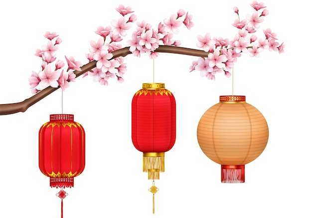 Vector Đèn lồng Trung Quốc màu đỏ và vàng với viền vàng và bút vẽ treo trên cành hoa anh đào thực tế