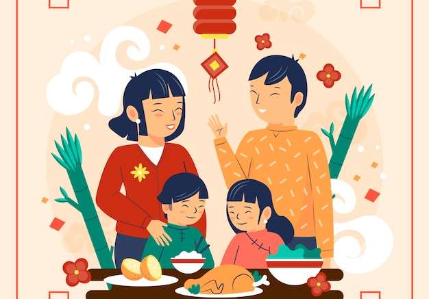 Vector Hình minh họa bữa tối đoàn tụ năm mới của Trung Quốc phẳng