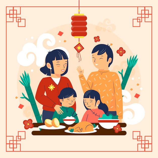 Vector Hình minh họa bữa tối đoàn tụ năm mới của Trung Quốc phẳng