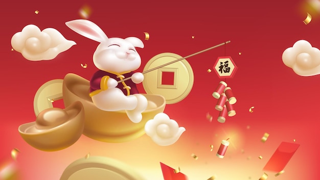 Vector Lễ hội mùa xuân thiết kế nền đỏ với một chú thỏ đáng yêu đang đốt pháo