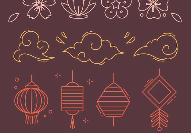 Vector Vẽ tay bộ sưu tập các yếu tố mừng năm mới của Trung Quốc
