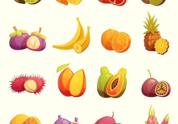 Hình ảnh vector Bộ biểu tượng hoạt hình cổ điển trái cây nhiệt đới