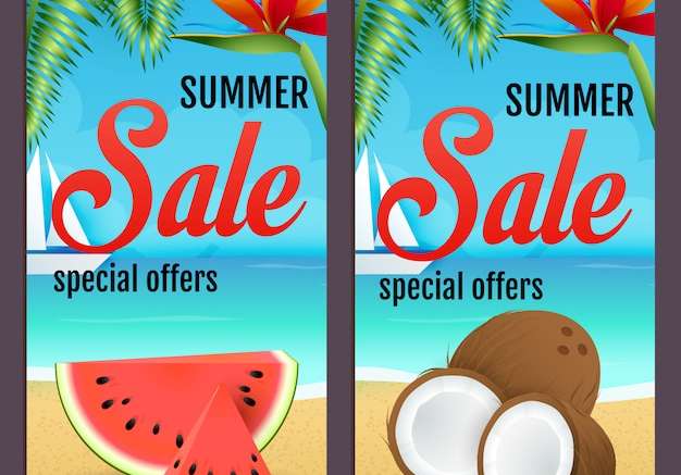 Hình ảnh vector Bộ chữ giảm giá mùa hè với dưa hấu và dừa trên bãi biển