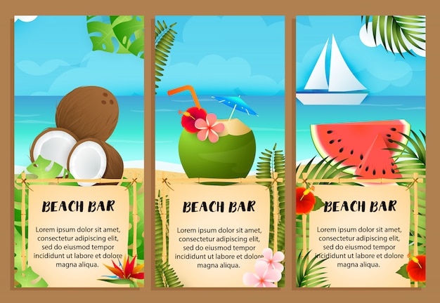 Hình ảnh vector Bộ chữ quán bar bãi biển dưa hấu và cocktail dừa