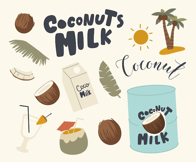 Hình ảnh vector Bộ icon chủ đề sữa dừa. cocktail với ống hút và ô, lá cọ, gói nước giải khát và hộp thiếc với sữa hạt dừa