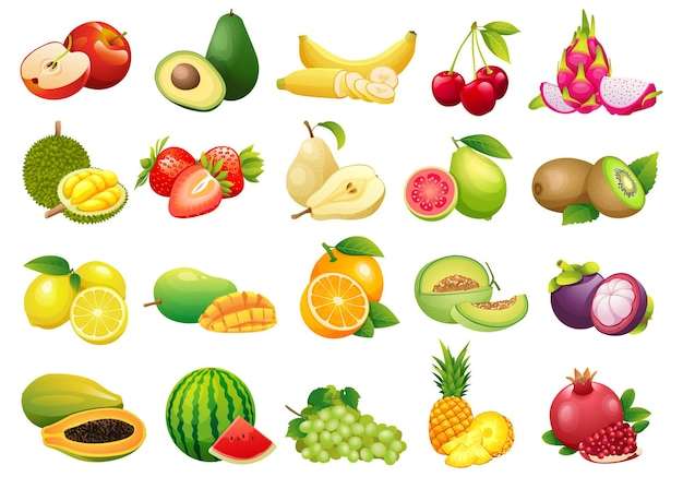 Hình ảnh vector bộ sưu tập trái cây tươi theo phong cách hoạt hình