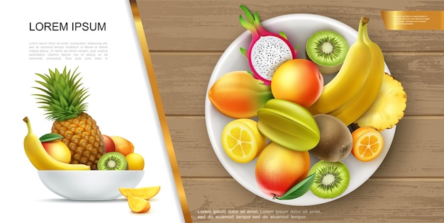 Hình ảnh vector Khái niệm thực phẩm mùa hè tươi lành mạnh thực tế với đĩa chuối kiwi xoài dứa quất khế thanh long và những lát cắt minh họa của chúng