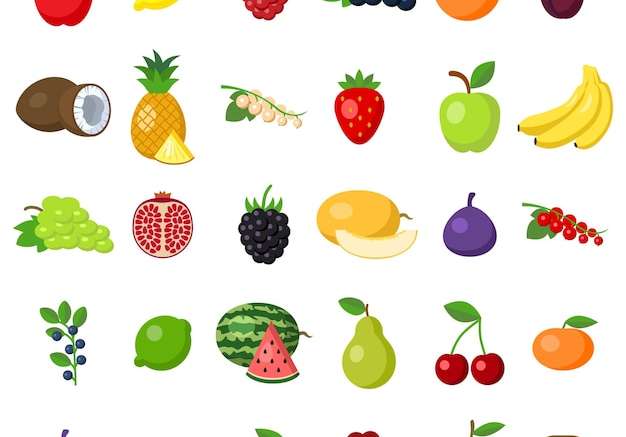 Hình ảnh vector Trái cây đặt trên màu trắng. trái cây bao gồm táo, chanh, mâm xôi, nho, cam, mận, dừa, dứa, nho trắng, dâu tây, chuối, lựu, dâu đen, dưa, sung, chanh, lê, anh đào, kiwi.