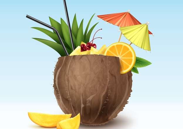 Hình ảnh vector Vector cocktail dừa được trang trí với quả anh đào maraschino, miếng dứa, lát cam, ống hút đen và những chiếc ô tiệc tùng màu xanh lá cây, màu hồng bị cô lập trên nền